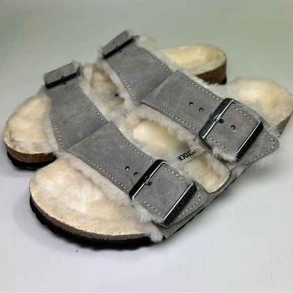 Birkenstock Arizona Shearling Stone Coin Fur Lined Slide Sandals size 38 (7-7.5) - Picture 2 of 10